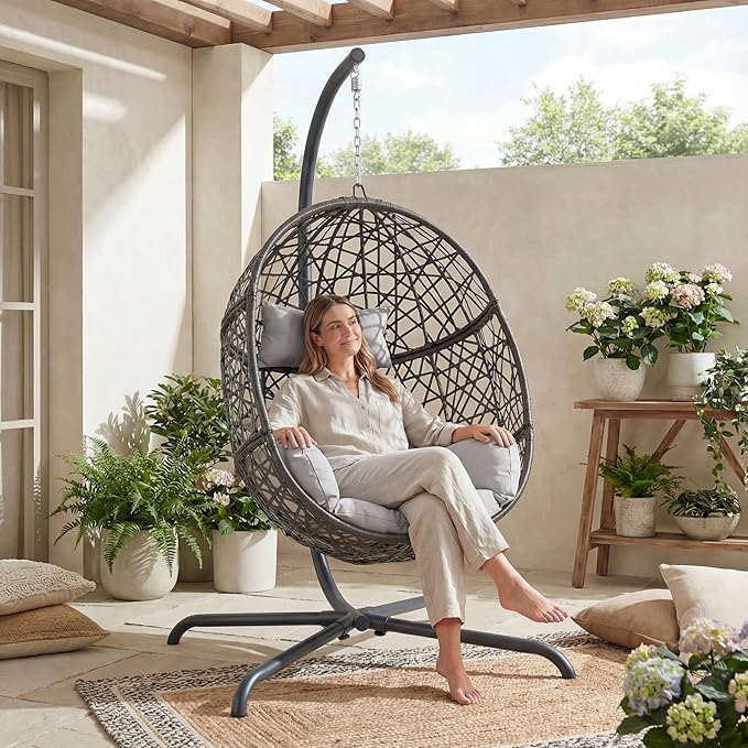 NICESOUL Bird Cage Swing Egg Chair UV/Water-Resistant 450lbs Capacity Wicker Swinging Chairs with Stand Comfy Oversized Hanging Seat w/Cushion Metal Frame &amp Cover for Indoor Outdoor Light Grey