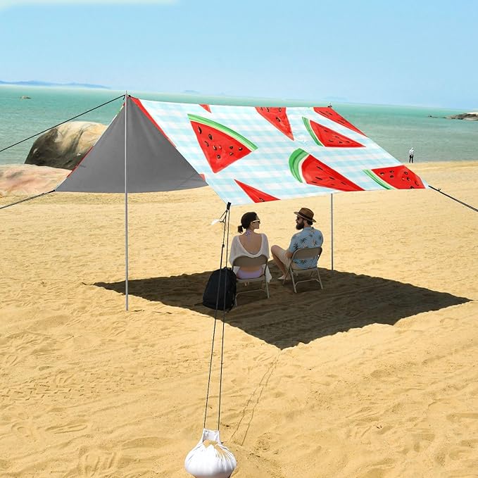xigua Watermelon Beach Tent Sun Shelter with Carrying Bag - Silver Coated Oxford Fabric Beach Canopy for Beach Camping Fishing - Includes Windproof Ropes Sandbags &amp Stakes