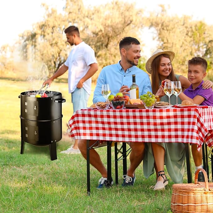 Vertical 19Inch Round Charcoal Smoker GrillHeavy-Duty BBQ Smoker for Outdoor Smoking Multi-Layer Pellet Ideal for Meats-Offset Charcoal Grill with HookThermometerBlack