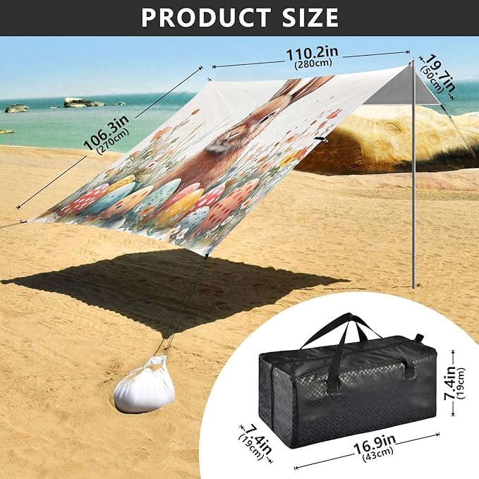 Cute Easter Bunny Beach Tent Sun Shelter Set UPF50+ UV Protection 10.5 x 9.19 FT Camping Shade Canopy with Sandbags Sand Anchors Carrying Bag and Others