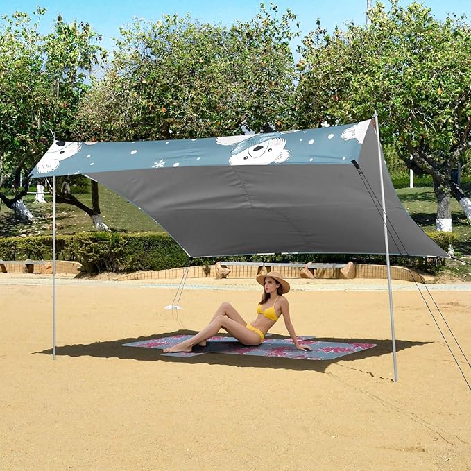 ALAZA Bear Snowboard Winter Beach Tent Sun Shelter UPF50+ Protection Beach Shade Canopy w/ 4 Sandbags for Outdoor Camping Fishing Backyard Fun Picnic 10x9 ft