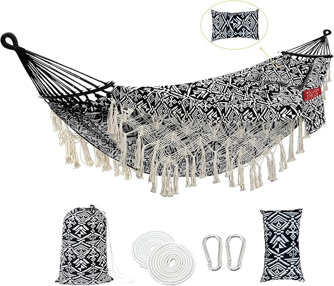2 Person Hammock with PillowIndoor Hammocks with Portable Carry Bag Deluxe Macrame FringeCurved Spreader BarSide PocketPolycotton FabricUp to 450Lbs for PatioPorchBackyardBeachOutdoor