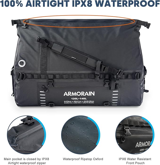 120-140L large Capacity Airtight Waterproof Travel Dry BagEquipped with Durable Inflatable Shoulder Straps and Handles Suitable for Diving Equipment Motorcycles Rowing Kayaking Camping