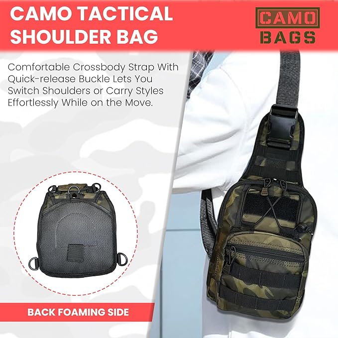 Camo Tactical Sling Bag/Backpack - 1000 Denier Cordura Polyester Crossbody Bag with Comfortable Satchel Inner Pockets Outer Compartment Zip Closure &amp Padded Handle - Chest Bag Use for Multipurp