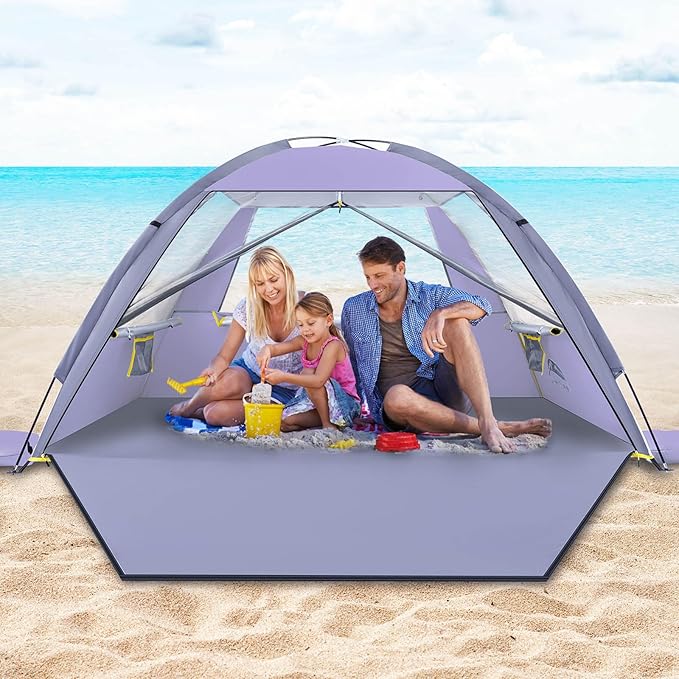 Happy Travel Beach Tent UPF 50+ UV Protection Sun Shade Shelter for 3/4/5/6/7/8 Person Portable Beach Canopy for Family &amp Baby Lightweight &amp Easy Setup Beach Cabana with 3 Ventilation Mesh