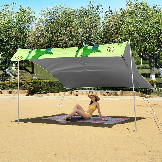 xigua Crocodiles Beach Tent Sun Shelter with Carrying Bag - Silver Coated Oxford Fabric Beach Canopy for Beach Camping Fishing - Includes Windproof Ropes Sandbags &amp Stakes
