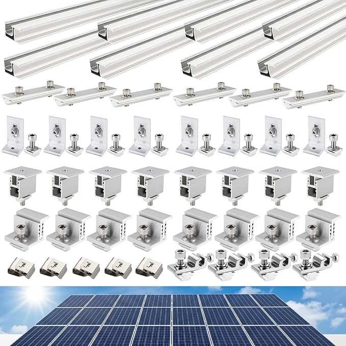 Solar Panel Mounting Rail Kit for 5 x 320W Panels Includes 8 x 47.2 Aluminum Rails Adjustable Clamps L-Brackets &amp Grounding Lugs Universal Racking for Metal Tile Shingle Roof