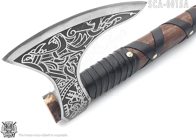 SHINY CRAFTS® Norse Viking Axe with Leather Sheath – Hand-Forged Bearded Hatchet Tomahawk Axe for Camping Survival Woodcutting Unique Gift for Him Husband Dad Groomsmen (Black-SCA-15-A)