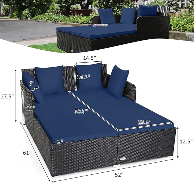 Tangkula Outdoor Rattan Daybed Sunbed Wicker Furniture w/Spacious Seat Upholstered Cushion &amp High-Resilience Sponge Wicker Patio Sofa Set w/Extra Pillows for Courtyard Poolside (Navy)