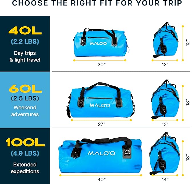 Malo’o Waterproof Dry Duffel Heavy-Duty Roll Top Waterproof Gear Bag with Shoulder Strap &amp Molle Loops Marine Duffel for Kayaking Boating Camping Beach &amp Travel Blue 60L