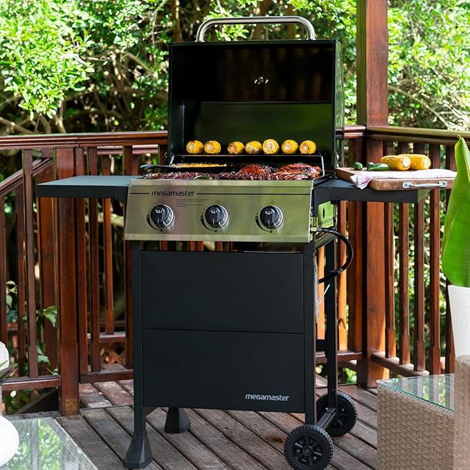 Megamaster 3-Burner Propane Gas Grill with Folding Side Tables 30000BTUs 429.81 sq. in. Cooking Space Stainless Steel Control Panel Outdoor Kitchen Grill for BBQs Patios and More - 720-0988EA