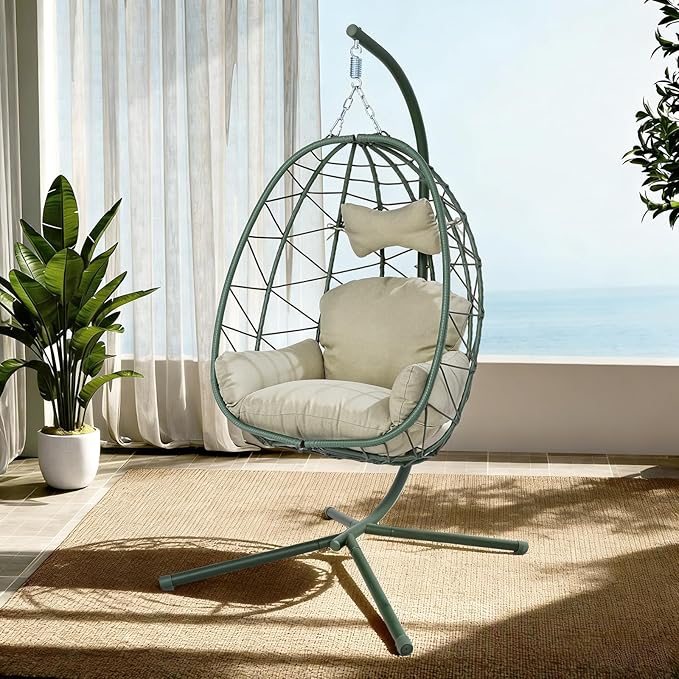 Hanging Egg Chair with Stand Outdoor Indoor Patio Rattan Swing Hammock Chairs with Washable Cushion PE Wicker Swing Chair for Backyard Bedroom Garden (Dark Green + Cyan Cushion No Footrest)