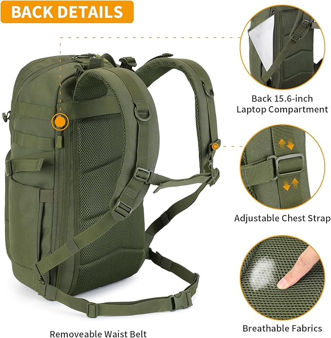 HUNTVP Tactical Backpack for Men 35L Military Backpack MOLLE 1000D Army Daypack 3 Day Bug Out Bag for Work Camping Hiking Outdoor Army Green