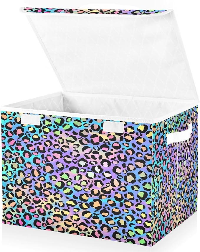 Holographic Leopard Print on Gradient Storage Container with Lid Stackable Tote Storage Bins for Organizing for Home