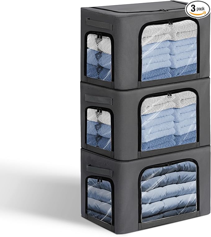 GuliPostan 3 Pack 40L Stackable Clothes Storage Bins with Metal Frame Handles &amp Zipper Collapsible Closet Organizer Box with Lid for Bedding Blankets Towel (Dark Grey)