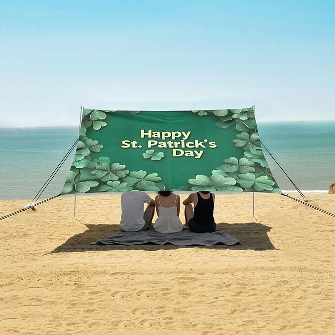 St. Patrick's Day Beach Canopy Sun Shelter with Sandbags &amp Sand Shovel &amp Windproof Ropes - Portable 110x126 Beach Shade Beach Tent for Camping Picnics