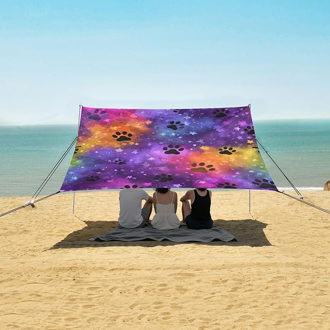 ALAZA Black Paw Prints Colorful Beach Tent Sun Shelter UPF50+ Protection Beach Shade Canopy w/ 4 Sandbags for Outdoor Camping Fishing Backyard Fun Picnic 10x9 ft
