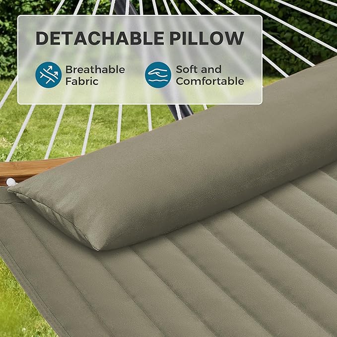 SUPERJARE Curved-Bar Hammock with Stand 2 Person Heavy Duty Hammock Frame Detachable Pillow &amp Portable Carrying Bag Perfect for Outdoor &amp Indoor Olive Gray