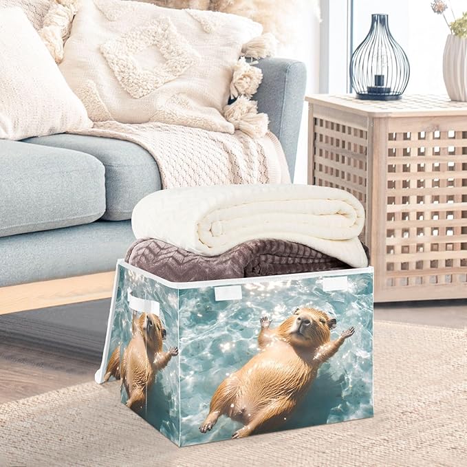 AIXIWAWA Lidded Storage Cube (Floating Capybara) Fabric Foldable Closet Bins with Flip Lid and Handles Organizer Basket Container 16.5 x 12.6 x 11.8 IN