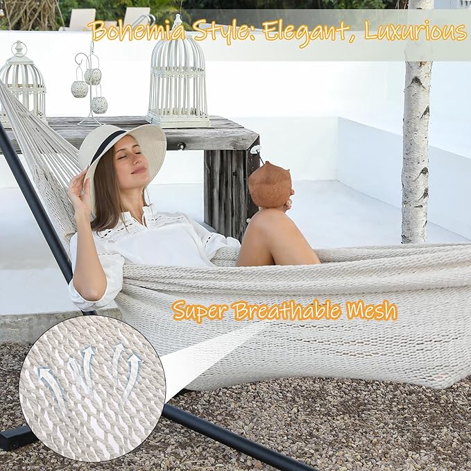 ZEAN Handwoven Hammock by Thick Cotton Rope XL Two Person Hammock for Outside Patio Backyard Garden 550LB Capacity