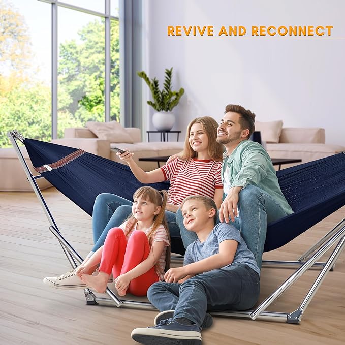 Tranquillo Double Hammock with Stand 650lb Capacity Double Hammock with Spreader Bar Solid Grade 201 Stainless Steel 30s Set Up Sturdy Flexible Hammock Stand Portable Outdoor Indoor Aegean