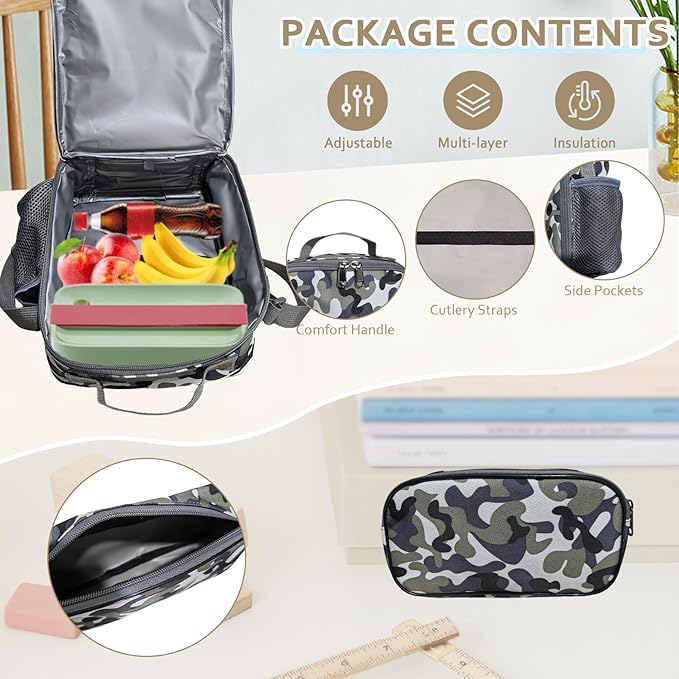 Camo Backpack for Boys 3 in 1 Set 19 Inch 55L Tactical Bookbag with Lunch Box Pencil Case Molle System School Backpack for Elementary Middle High School Outdoor Camping Hiking Travel for Kids Teens