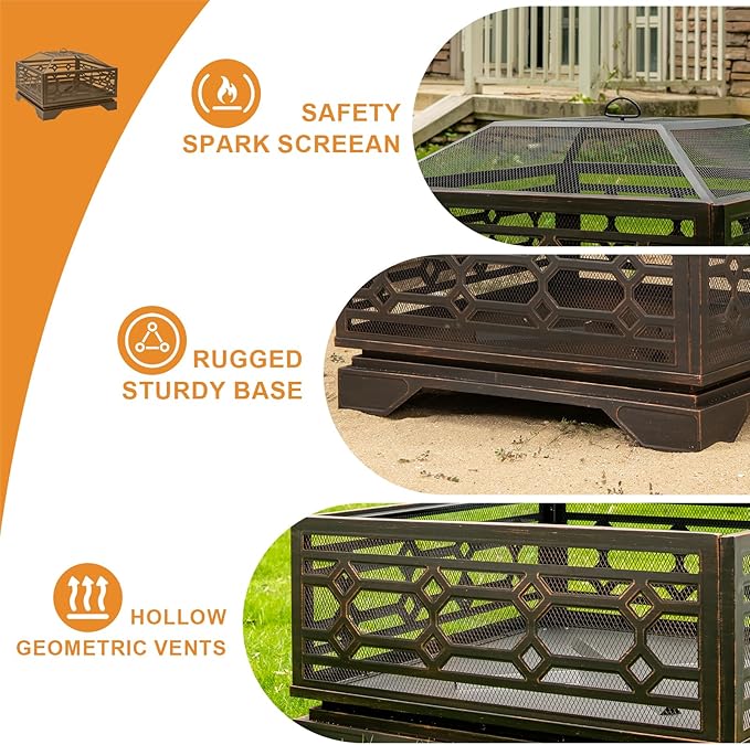 Florise Outdoor Fire Pit 32 Inch Wood Burning Firepit for Outside with Mesh Cover &amp Fire Poker Large Square Metal Fireplace for Patio Backyard Garden Bonfire Party