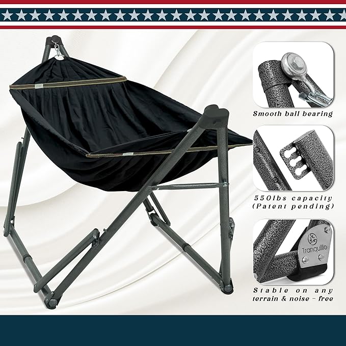 Tranquillo Uniki Hammock with Stand for Outside Portable Hammock 550lbs Capacity Deluxe Double Hammock Stand Collapsible Camping Hammock and Stand Black