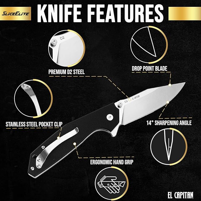 SliceElite El Capitan Folding Knife 3.5 in D2 Steel Clip Drop Blade Black G10 Handle Manual Button Lock Pocket Carry