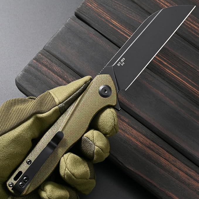 Sitivien ST103 Folding Knife D2 Steel BladeMicarta Handle EDC Tool Knife for Outdoor Camping Hunting Survival(Green)