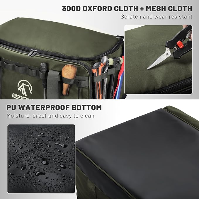 REDCAMP Camping Tote Organizer 35L Tactical Duffel Bag Waterproof Camp Storage Organizer with 3 Adjustable Dividers and Shoulder Strap for Outdoor Transport Army Green