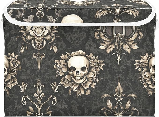 Collapsible Storage Bins with Lids Decorative Fabric Storage Cubes Closet Organizer and Storage Basket Boxes Containers for Clothes Box Chest Folding Rectangle Gothic Brown Skulls