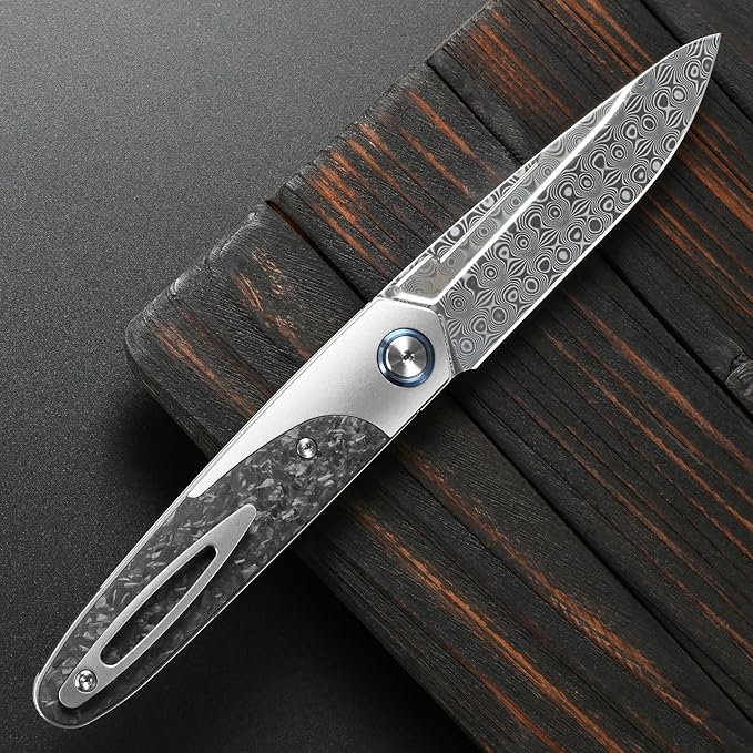 Sitivien ST245 Damascus Steel Folding Knives with Liner Lock Ball BearingTitanium Carbon Fiber Handle EDC Damascus Knife for Men Women(Gray) … …