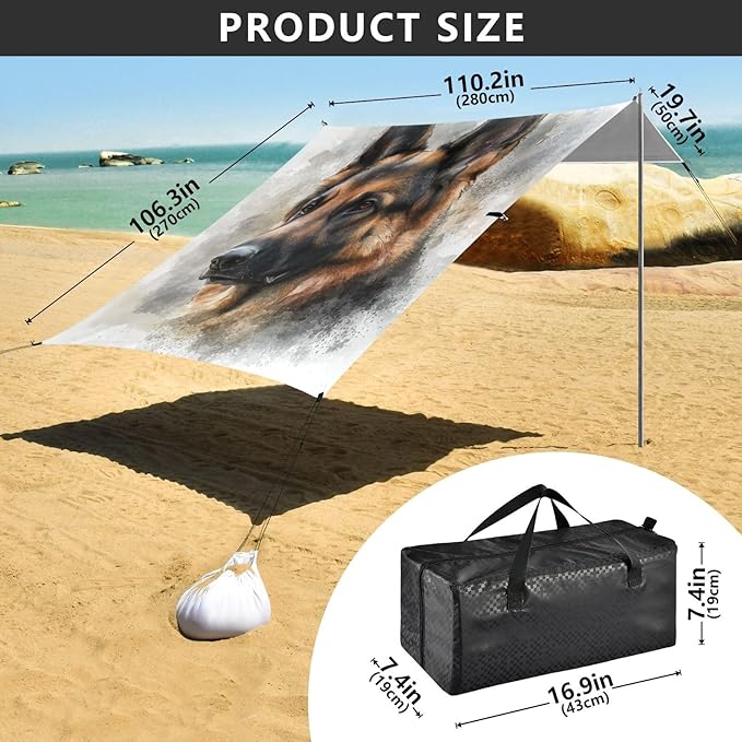ALAZA Watercolor Painting The Portrait of A German Shepherd Dog Beach Tent Sun Shelter Portable Canopy Sunshade for Outdoor Camping Picnics Backyard Fun 10x9 ft