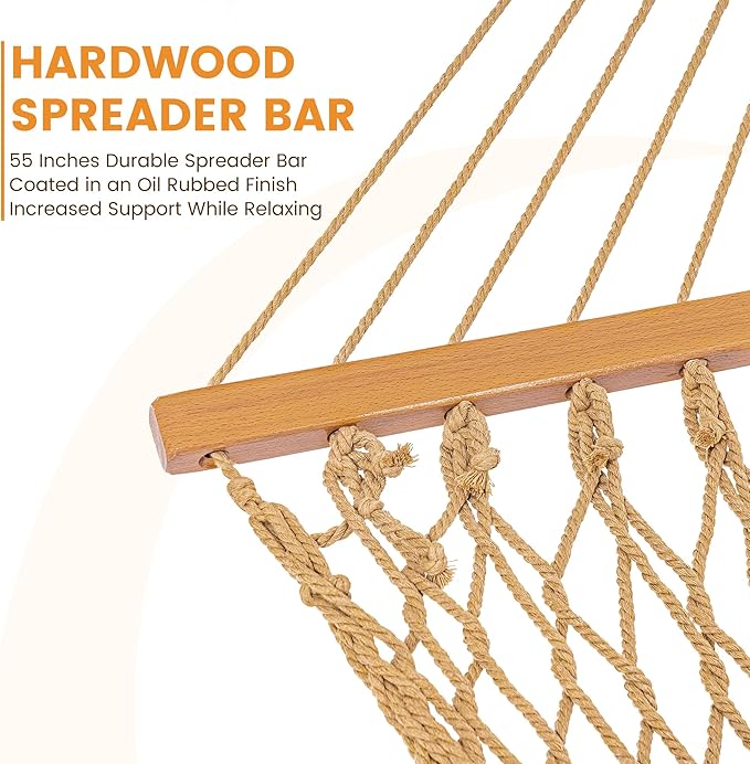 Lazy Daze Hammocks Double Rope Hammock 2 Person Traditional Outdoor Hand Woven Cotton Rope Hammock with Spreader Bar Carabiners Tree Straps Chains for Patio Yard - Max 450 Lbs Tan