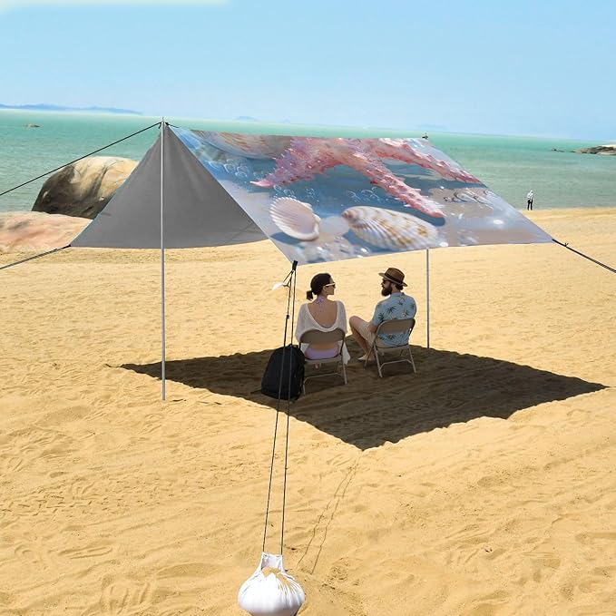 ALAZA Pink Starfish and Seashell Blue Sea Beach Tent Sun Shelter Portable Canopy Sunshade for Outdoor Camping Picnics Backyard Fun 10x9 ft