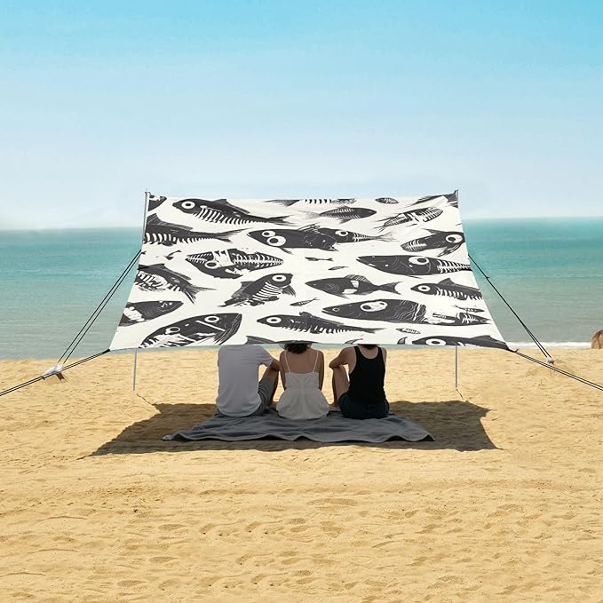 Dead Fish Skeletons Foldable Beach Canopy UPF50+ Waterproof Shade Sun Shelter with Sandbags &amp Sand Shovel for Camping Picnics Backyard &amp Fishing