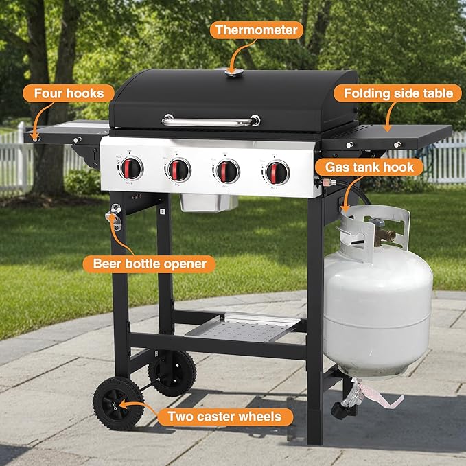 4 Burner Gas Grills Outdoor Cooking Propane Gas Grill BBQ Grill Portable Barbecue Grills with Cast Iron Grate Pan and Folding Side Table 40000 BTU Output Easy-Clean