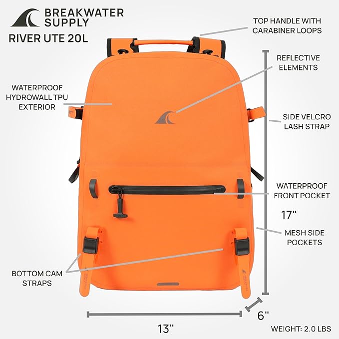 Breakwater Supply™ River Ute Waterproof IP68 Utility Backpack Floating TPU Submersible Dry Bag with Padded Hip Belt and Airtight Zippers | 20L (River Ute 20L Safety Orange)