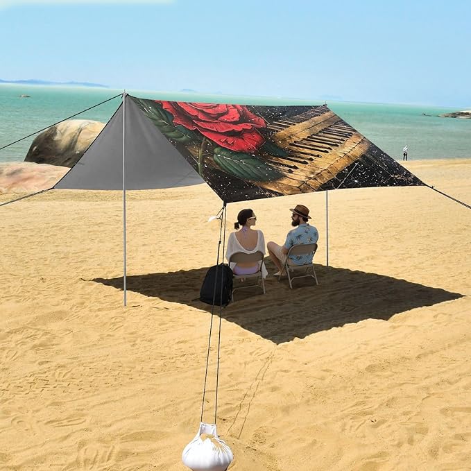 ALAZA Rose on Piano Musical Note Starry Beach Tent Sun Shelter Portable Canopy Sunshade for Outdoor Camping Picnics Backyard Fun 10x9 ft