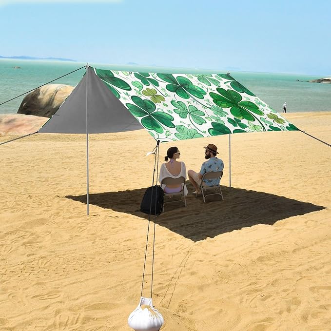 St Patrick's Day Clover Beach Tent Sun Shelter Set UPF50+ UV Protection 10.5 x 9.19 FT Camping Shade Canopy with Sandbags Sand Anchors Carrying Bag and Others