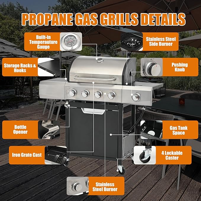 Livavege Outdoor BBQ Grill 4-Burner Propane Gas Grill with Side Burner &amp Cast Iron Grates - Stainless Steel 46700 Btu Barbecue Grills for Patio Cooking Kitchen Backyard Garden (4+1)
