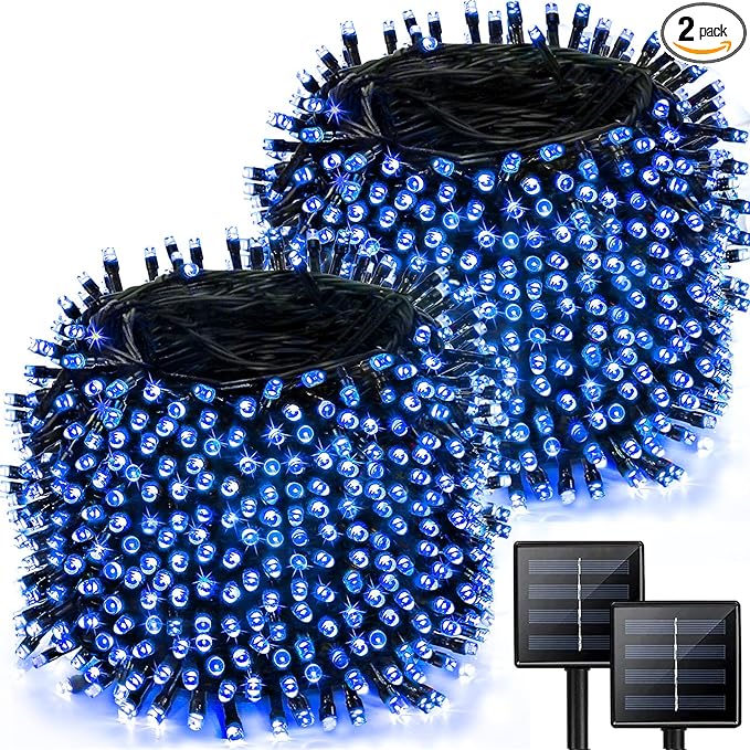 2 Pack 480 LED Solar Chrismas Lights Outdoor 170 FT Super Long Solar String Lights for Outside with 8 Modes &amp Memory Function Waterproof Twinkle Light for Xmas Tree Yard Party Decorations (Blue)
