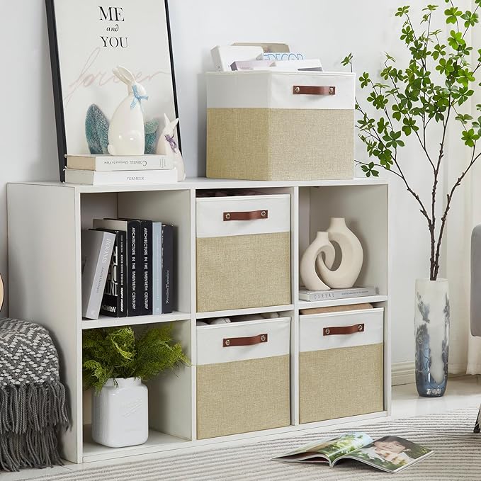 13x15x13 Storage Cube Bins Foldable Storage Organizer Baskets Fabric Cube Storage Boxes with 2 Reinforced PU Handles for Kallax Shelves Living Room | 4 Pack Beige &amp White