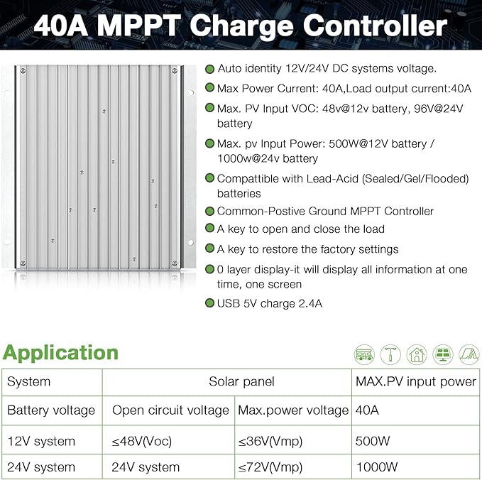 MPPT Charge Controller 60 amp 12V/24V Auto 60A Solar Panel Charge Regulator with Blacklight LCD Display Max 100V for Lead-Acid Sealed Gel AGM Flooded Lithium Battery