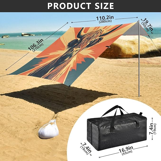Retro Highland Cattle Beach Tent Sun Shelter Set UPF50+ UV Protection 10.5 x 9.19 FT Camping Shade Canopy with Sandbags Sand Anchors Carrying Bag and Others