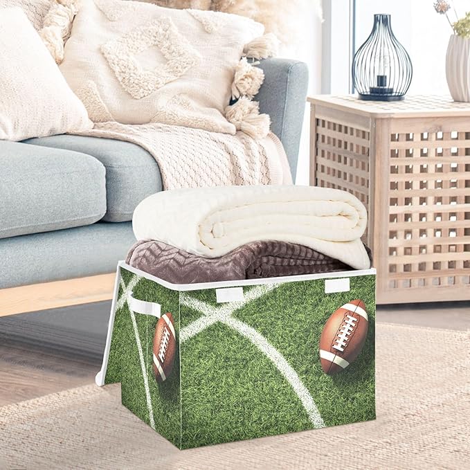 Foldable Storage Bin Basket with Lid - Football Field Sport Large Collapsible Storage Box Organizer for Home Office &amp Books Clothes Storage 16.5x12.6x11.8