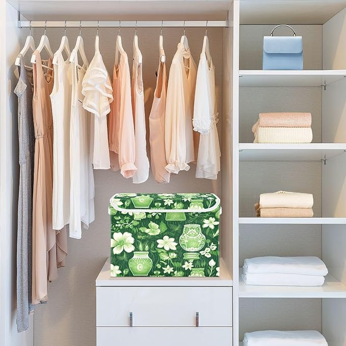Christmas Storage Baskets with Lids Green and White Flower Vases Collapsible Bins Stackable Fabric Linen Baskets Closet Organizer Container 16.5x12.6x11.8