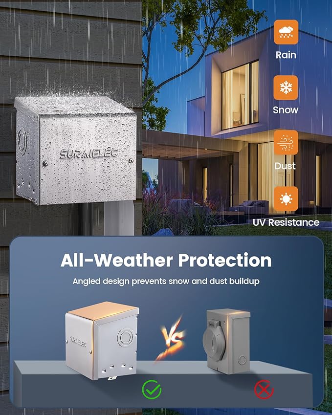 SURAIELEC 50 Amp Generator Power Inlet Box 120/240V NEMA SS2-50P 3-Prong Generator Cord Compatible 12000W Weatherproof Generator Transfer Switch Accessory for Snowstorm Weather