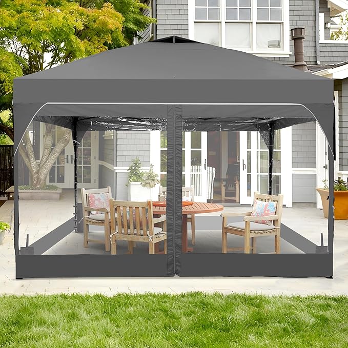 GDY 10x10 FT Pop Up Canopy Tent with One Push SetupSetup Gazebo with 4 PVC Transparent SidewallsEasy Carry for Events Parties Camping Gray